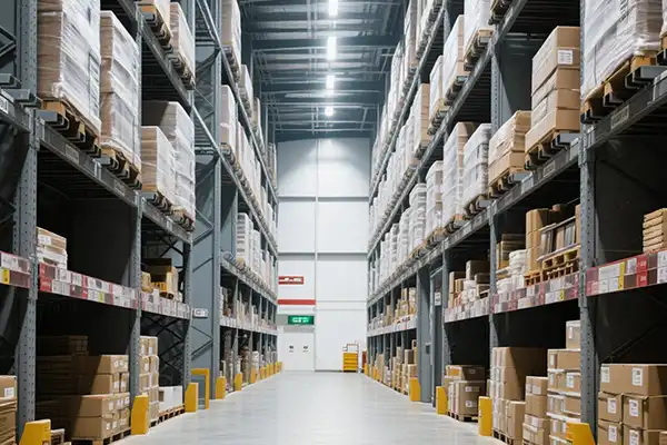 Warehouse with Shelves Full of Goods