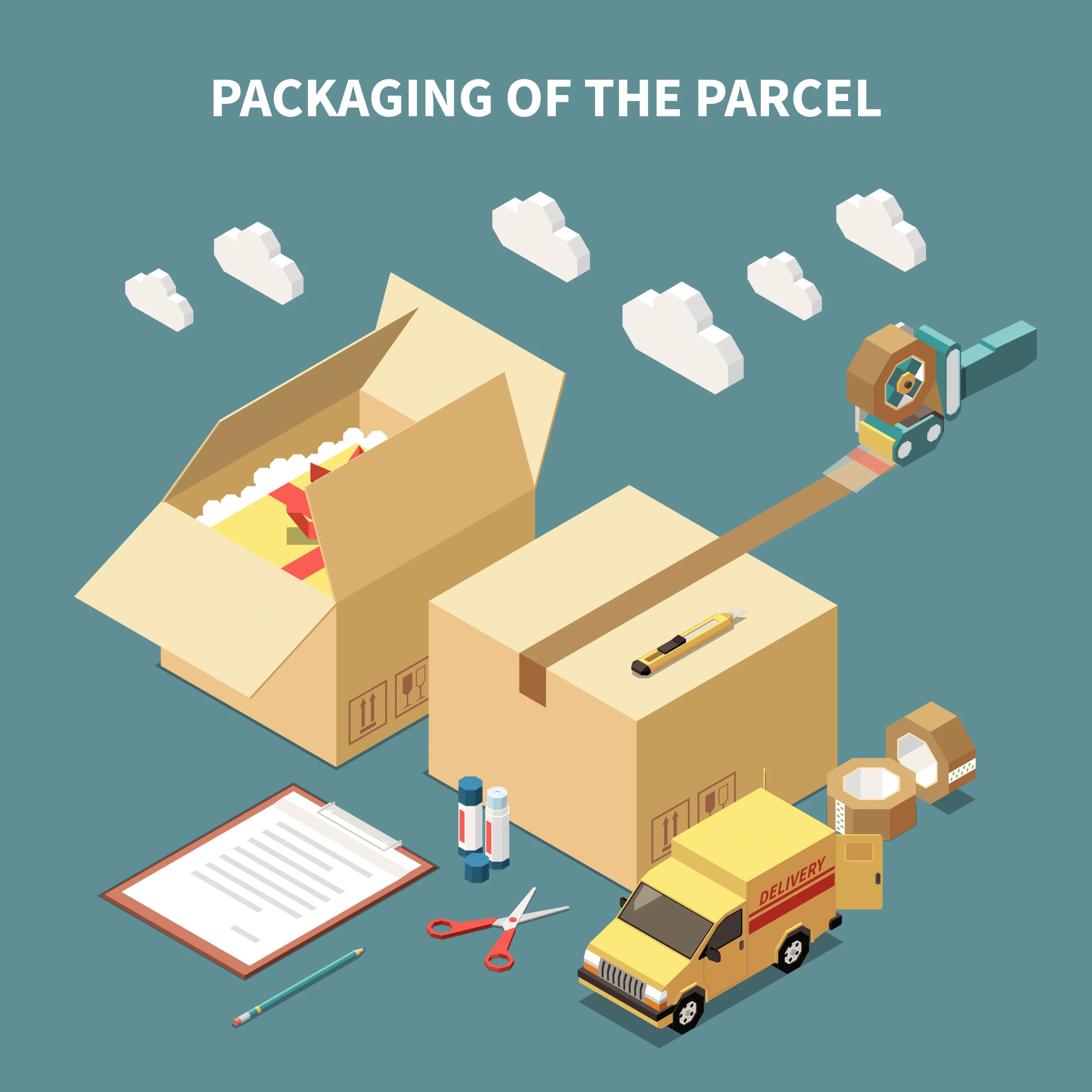 Isometric Illustration of Parcel Packaging Process in E-commerce Fulfillment