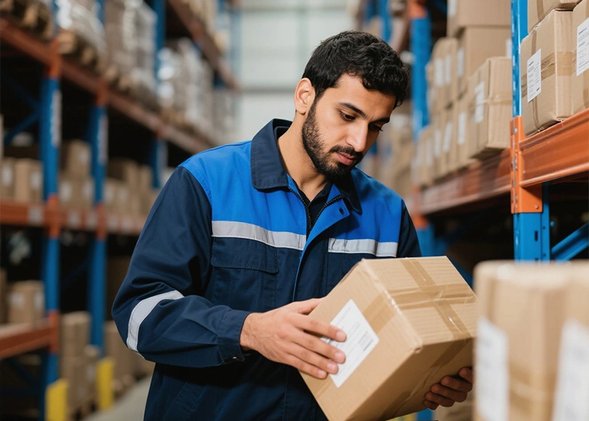 Warehouse Worker Checking Order Fulfillment Package for E-commerce Accuracy