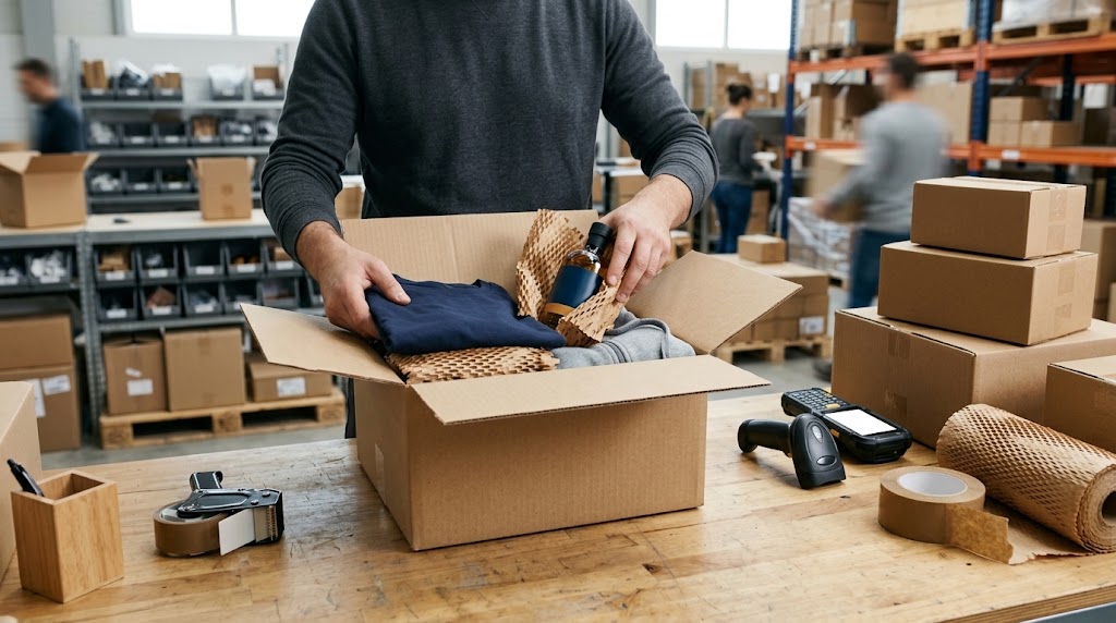 Close-up of hands packing e-commerce order parcels with protective packaging and barcode scanner at warehouse pick and pack station