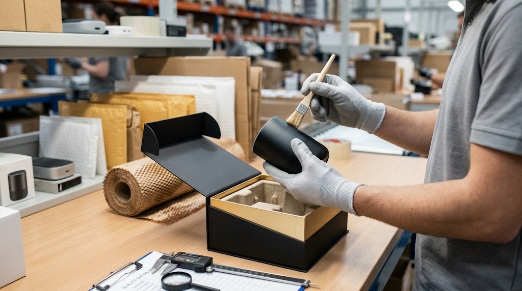 Close-up of quality control inspection and custom branded packaging process for Shopify dropshipping products